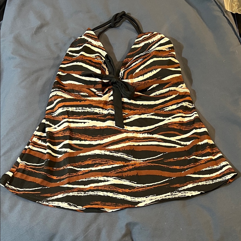 Swim top, halter style, black, white, and brown animal stripes, soft cups